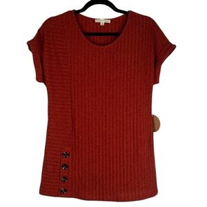 Parallel Skies Rust Ribbed Side Button Short Sleeve Casual Top Size Small New!